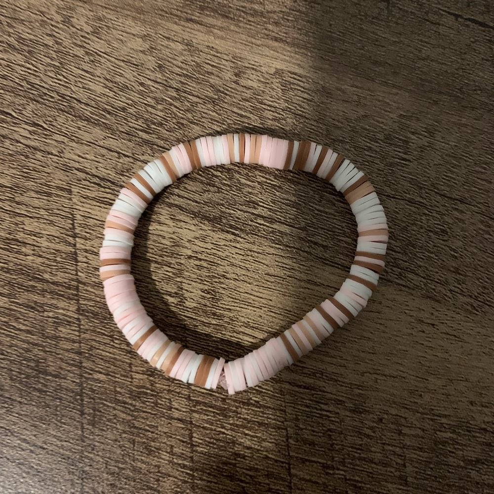Handmade pink white and tan clay bead bracelet